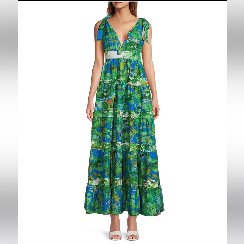Antonio Melani Talita Tropical Print Maxi Deep V-Neck Sleeveless Tiered Dress